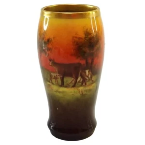 Antique Duerer Ware Hand Painted Vase Green Landscape with Cows Germany ca1900 - Picture 1 of 21