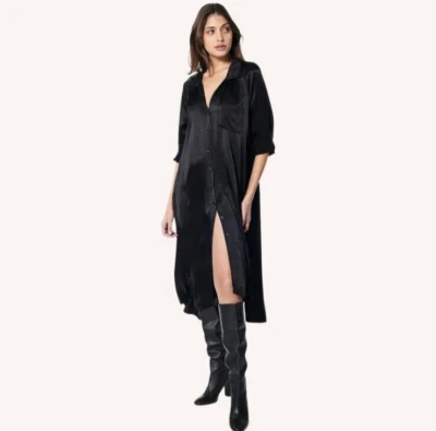 YFB молодой сказочный сломал атласный рулон вкладка рукав миди кнопка рубашка платье черный M - Изображение 1 из 4