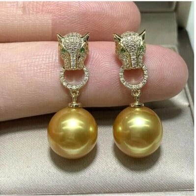 Preciosos Pendientes AAA+ 11-10mm Real Natural Redondos Mar del Sur Perla Dorada 925 Foto 1 de 4