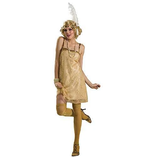 Flapper Dress 2 Pc Gold Satin & Lace Spaghetti Strap Sexy Costume Dress Med  - Image 1 of 1