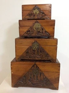 COMPLETE SET OF FOUR ANTIQUE 19C WOOD HAND CARVED NESTING CHESTS SAILING SHIPS - Picture 1 of 12