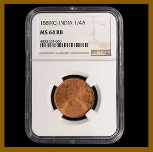 British India 1/4 (Quarter) Anna, 1889 (C) Calcutta NGC MS 64 RB Queen Victoria - Picture 1 of 2