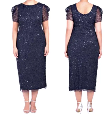 Vestido Adrianna Papell Lentejuelas Cuentas Manga Abullonada Abertura Lateral Azul Marino Muy Oscuro 16W $329 Foto 1 de 4