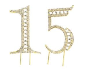 Quinceanera Mis Quince 15 Anos Gold Rhinestone Crystal Cake Topper Number 15 - Picture 1 of 2