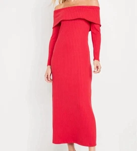 Neu mit Etikett Old Navy Damenkleid Medium rot schulterfrei gerippter Strick Maxi Urlaub lang - Bild 1 von 7