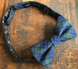 TOMMY HILFIGER WOLLMISCHUNG DIAGONAL KARIERT GRÜN BLAU FLIEGE VORGEBUNDEN EUC SAUBER - Bild 1 von 4