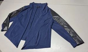 Colleen Lopez Open Front Navy Blue Cardigan Sz 2X Faux Leather Long Sleeves - Picture 1 of 13