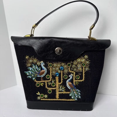 Cartera de mano vintage con joyas parte inferior de madera lona cuero vinilo piedras preciosas LEER Foto 1 de 4