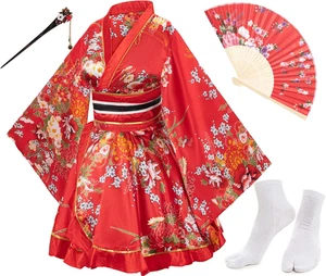 Elegant Japanese Anime Dance Kimono Set with Silk Fans & Tabi Socks - Picture 1 of 12