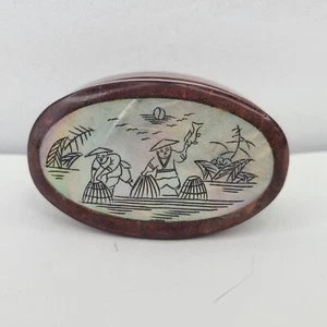 Small Oval Wood Trinket Box Japanese Chinese Fishing Village Design Cherry Brown - Picture 1 of 18