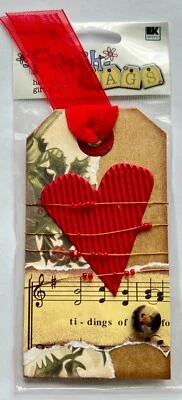 🎄❤️ PEGATINA MÚSICA NAVIDAD VINTAGE 3D corazón rojo cuentas alambre cinta etiqueta de regalo Foto 1 de 4