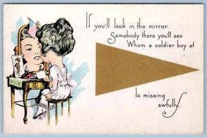 PRIMERA GUERRA MUNDIAL ESPEJO DOUGHBOY SOLDADO NIÑO BANDERA AMERICANA BLANCO ORO BANDERÍN POSTAL - Imagen 1 de 2