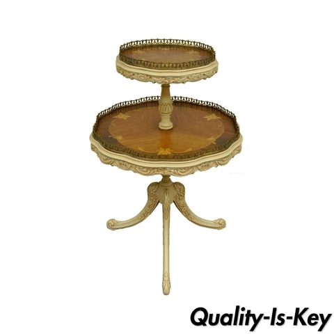 Vintage French Louis XV Carved Satinwood Inlaid 2 Tier Lamp Side Accent Table Cover