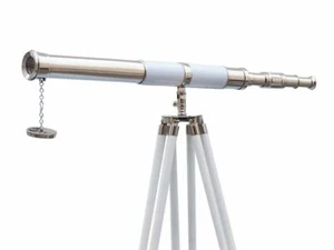 60" Floor Standing Admirals Chrome White Leather Telescope, Cyber Monday Gift - Picture 1 of 9