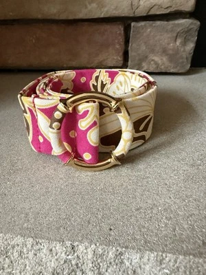 Cinto de tecido J Crew tamanho P/M rosa marrom floral dourado fivela redonda - Imagem 1 de 4