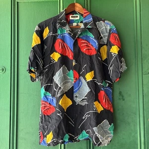 Vintage Sea Isle by Arrow Shirt Rayon Black Abstract Print 80s 90s Size L - Picture 1 of 13