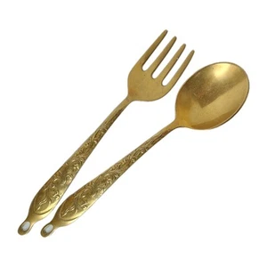 Vintage goldfarbene Metall Serviergabel & Löffel Utensilien Set Salat Familienessen  - Bild 1 von 12