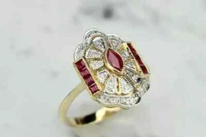2Ct Marquise Cut Lab Created Red Ruby Halo Ring 14K Yellow Gold Plated Silver - Picture 1 of 10
