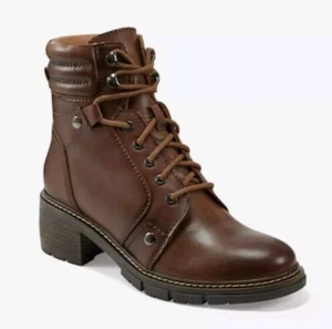 New Earth Judie Block Heel Lug Sole Leather Booties Ankle Boot Size 12 M Brown - Picture 1 of 9