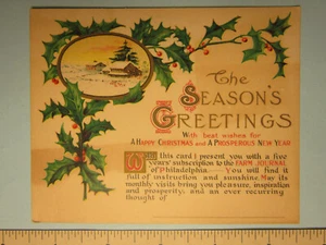 Antique Card "Season's Greetings" with 5 year gift of the Farm Journal of Phila. - Picture 1 of 2
