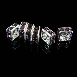 Cuadrallas chapadas en plata de 8 mm con pedrería de amatista, 6 cuentas - Imagen 1 de 4