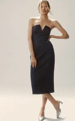 Anthropologie Midi Dress Blue Menwear Stripe Strapless Slim Sheath Preppy 10 NWT - Image 1 of 4