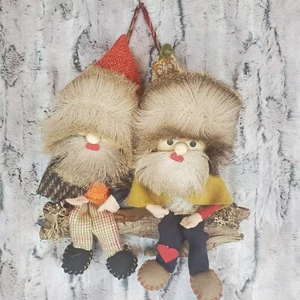 Kitschy Folk Art Two Bearded Men On A Branch Log Natural Materials Wall Hanging - Picture 1 of 8
