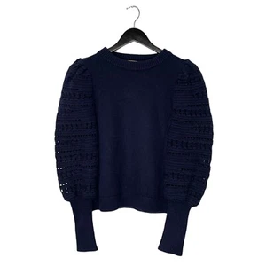 Sezane Orion Cotton Wool Knit Crochet Balloon Sleeve Sweater Jumper Size M Navy - Picture 1 of 6