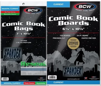 Combo de bolsas de cómics gruesas de polietileno resellables actuales de 100 BCW y tableros actuales de 6 3/4" Foto 1 de 4