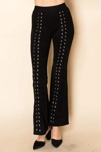 Suede Eyelet Lace-Up Flare Pants - Picture 1 of 17