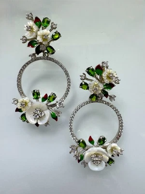 Pendientes artísticos de plata de ley 925 cromo diopsido mop esmalte dandle gota Foto 1 de 4