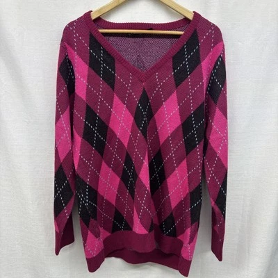 M New York & Company Essential V-Neck Sweater Magenta Pink Argyle  2XL Preppy - Image 1 of 4