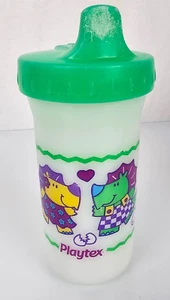 Vintage Playtex Plastica Sippy Cup Verde Viola Dinosauri 1997 anni '90 con Valvola - Foto 1 di 2