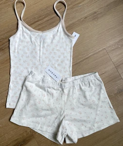 Brandy Melville Pajama Set Pink Teddy Bear Tank Top & Pointelle Shorts Coquette - Picture 1 of 8