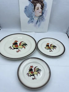 Vintage 50's Metlox Poppytrail Red Rooster 3 Pc. Set Salad Plate Dinnerware - Picture 1 of 7