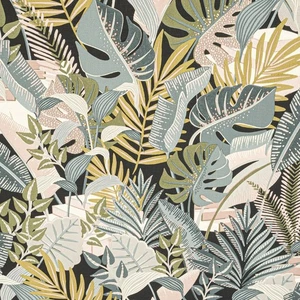 Black Floral Tropical Wallpaper Green Grey Textured Thick Heavy Weight Feature - Picture 1 of 8