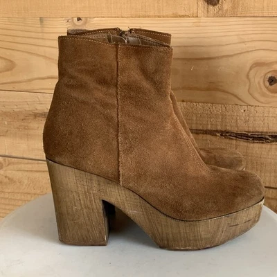 Top Shop 39 Marrón Gamuza Madera Bloque Tacones Altos Boho Grueso Puntera Cuadrada Tacón 4” Foto 1 de 4