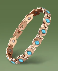 Brazalete magnético de eslabones de acero inoxidable enchapado en oro rosa con piedra turquesa - Imagen 1 de 4