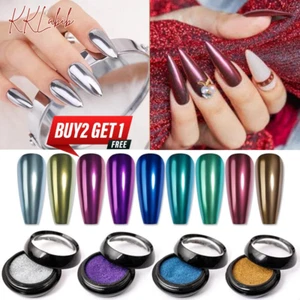 Chrome Mirror Effect Glitter Nail Powder Dye Art Holographic Pigment Dust &Brush - Picture 1 of 32