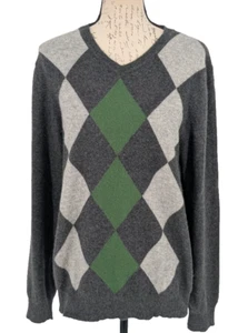100% Cashmere Sweater Apt. 9 Charcoal Gray Green Argyle Large Nice - Picture 1 of 10