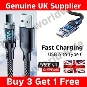 Digital Display USB A to Type C Cable 7A 120W Fast Charger Braided USB - C Lead - Picture 1 of 13