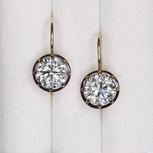 2.60ct DIAMOND DROP EARRINGS VINTAGE STYLE COLLET VICTORIAN ROUND YELLOW GOLD - Picture 1 of 2