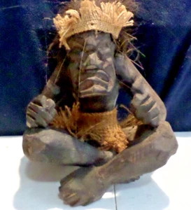 Hand Carved African ~ Indonesian Tribal Statue ~ Cross Legged Man ~ Black Wood - Picture 1 of 5