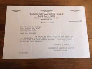 RARE! 1942 WASHINGTON SENATORS MAJOR LEAGUE BASEBALL (CLARK GRIFFIT) LETTERHEAD 