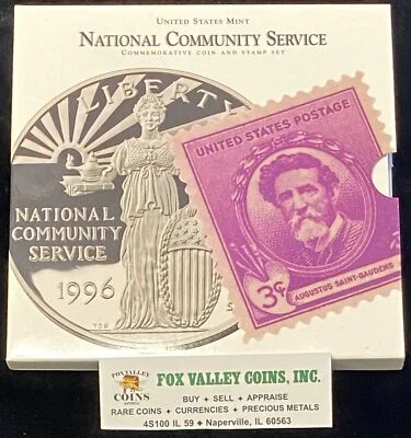 1996-S NATIONAL COMMUNITY SERVICE SILVER DOLLAR COIN & STAMP COMMEMORATIVE SET! - Image 1 of 4
