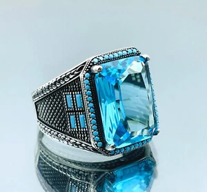 Men Simulated Aquamarine Stone Blue Stone 925 Sterling Silver Ring Handmade Gift - Picture 1 of 10