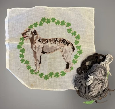 VTG Needlepoint Pillow Cover Canvas Irish Wolfhound Shamrocks Hand Painted 15” - Image 1 of 4