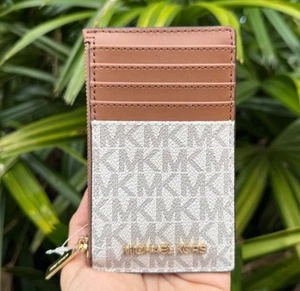 MICHAEL KORS JET SET TRAVEL TOP ZIP CARD CASE LEATHER WALLET MK VANILLA - Picture 1 of 11