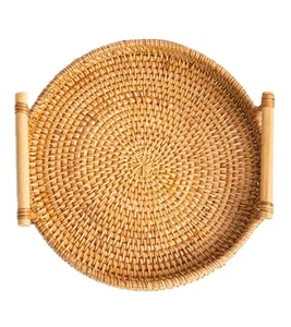 (Diameter 28cm Height 4cm) Hand Woven Round Rattan Serving Tray With - Picture 1 of 12