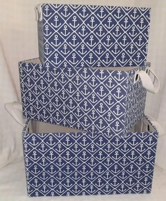 Storage Nesting Bins Boxes Set of 3 - Nautical Decor - Blue & White Anchor Print - Image 1 of 4